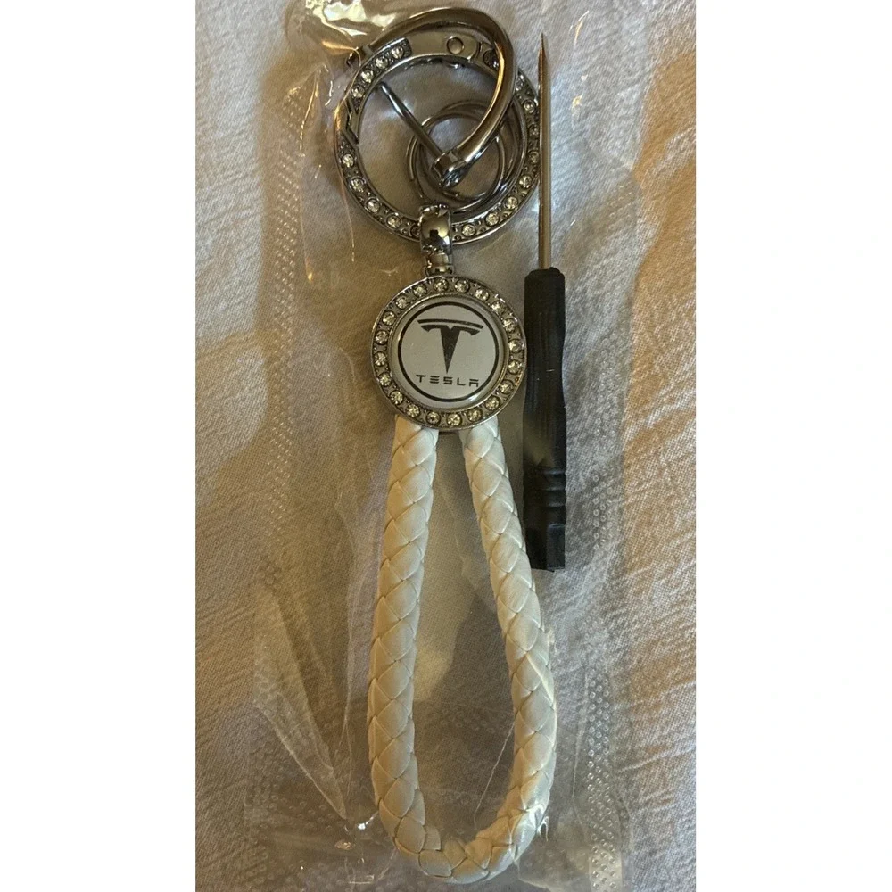 Tesla Keychain Ring White Braid With Rhinestones Emblem w/ Tool-Great Gift-NWT